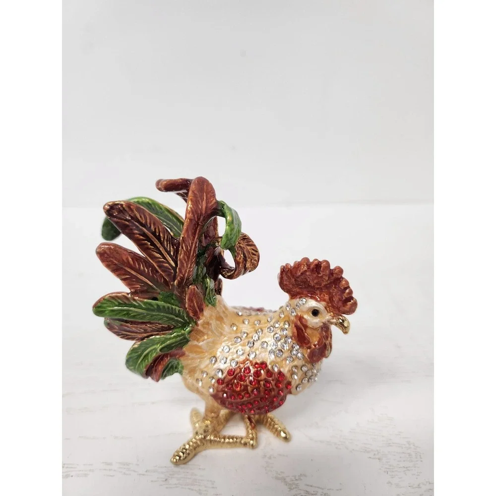 Rooster Crystal Alloy Metal Art Trinket Box Ring Box Rhinestones Qifu India New